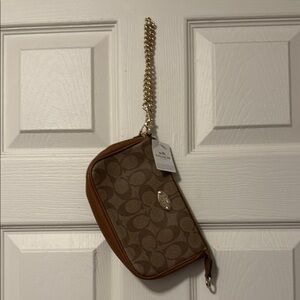 Coach Brown Monogram Wristlet with Gold Chain